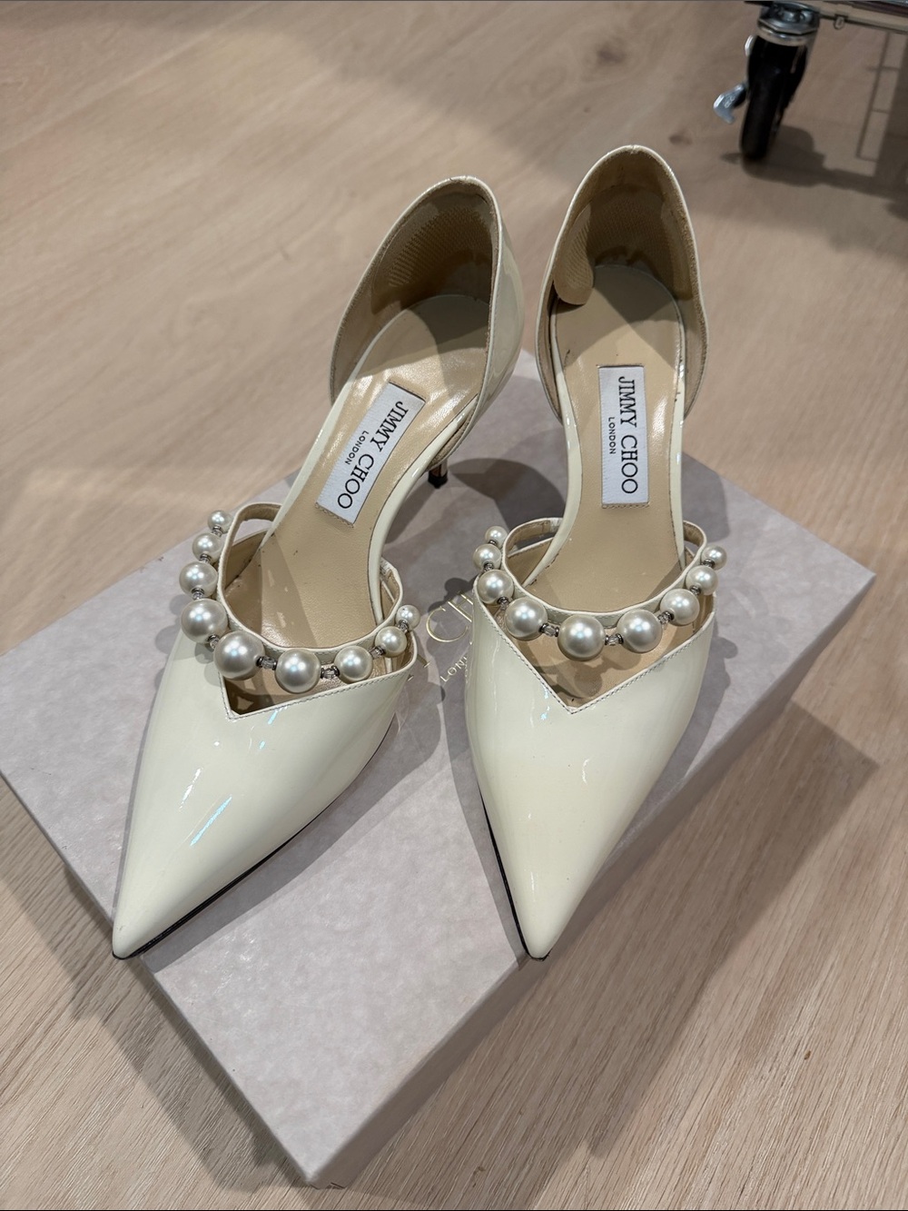 Jimmy Choo Cream Patent Pointed-Toe Pumps with Pearl Strap